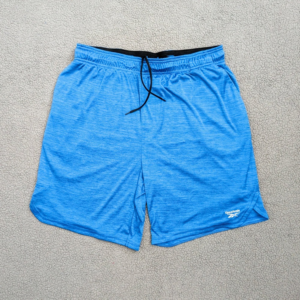 Reebok Mens Blue Heathered Athletic Training Shorts XL Drawstring Pockets